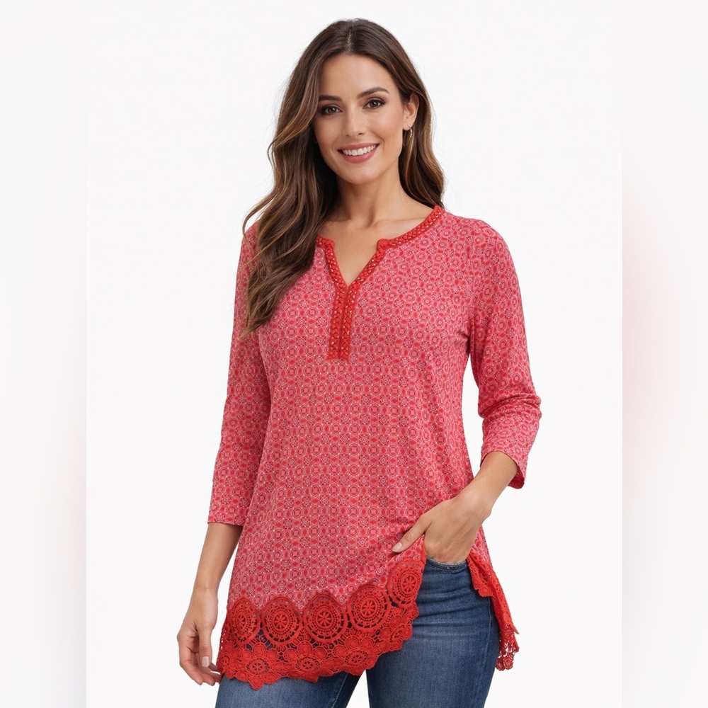 Lands' End Red Patterned Blouse with Lace Hem